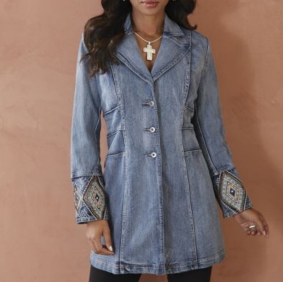 Embroidered Aztec Rhinestone Denim Blazer Jacket - Picture 2 of 7